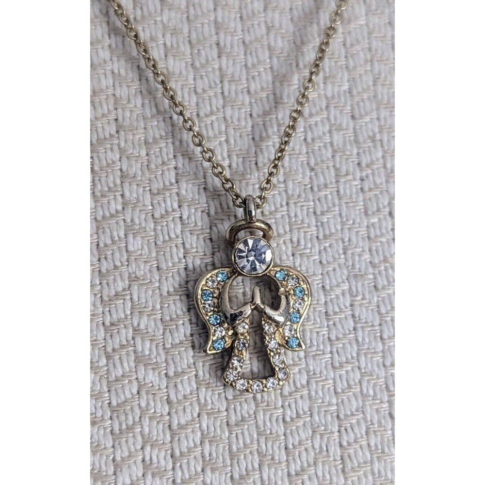 Vintage Danbury Mint Blue Clear Angel Crystal Pendant Necklace 18” Gold Tone